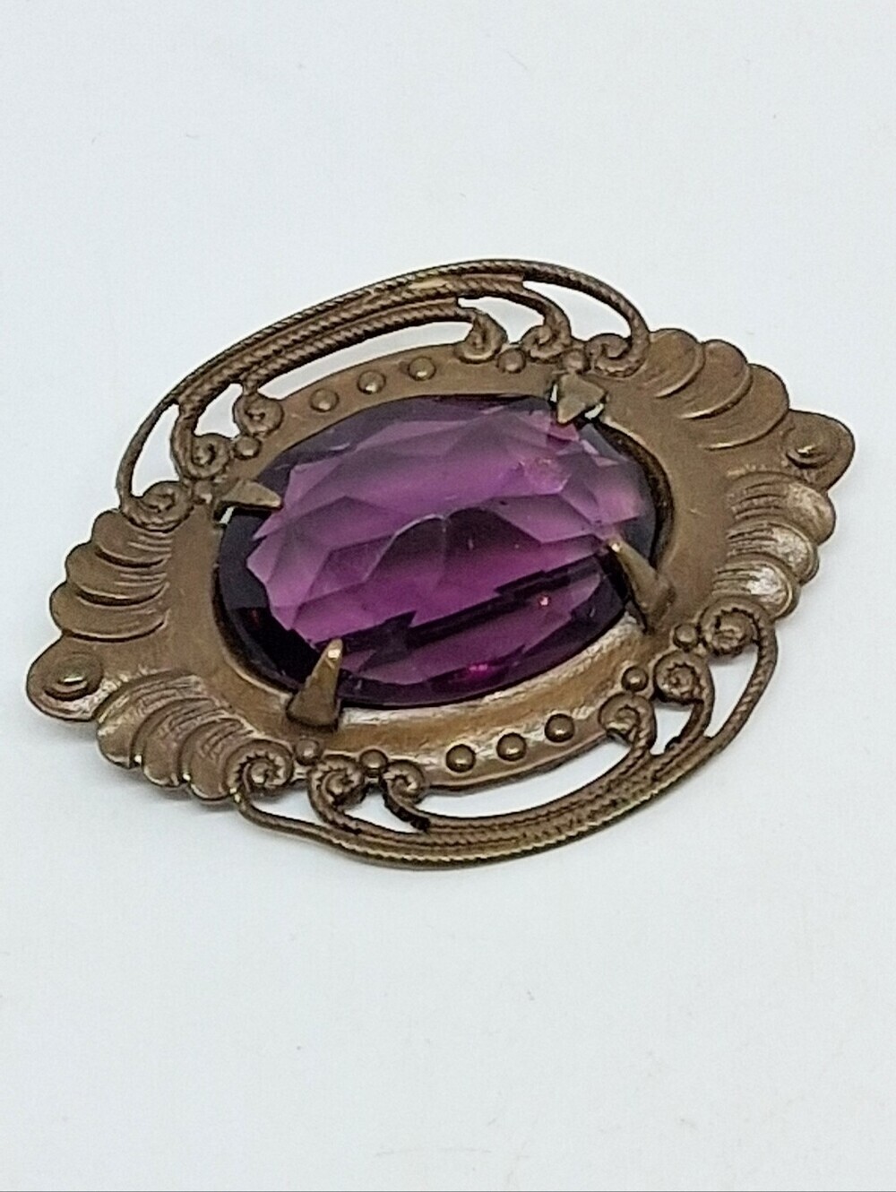 * Vintage Antique Art Nouveau Purple Stone C Clasp Pin Brooch